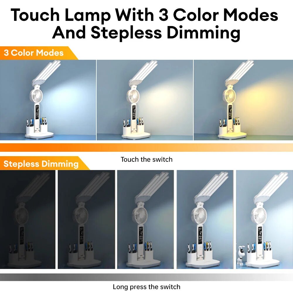 3 in 1 Folding Table Lamp with Fan Clock Calendar Rechargeable Reading Lamp Touch Dimming Night Light Eye Protection Desk Light. 