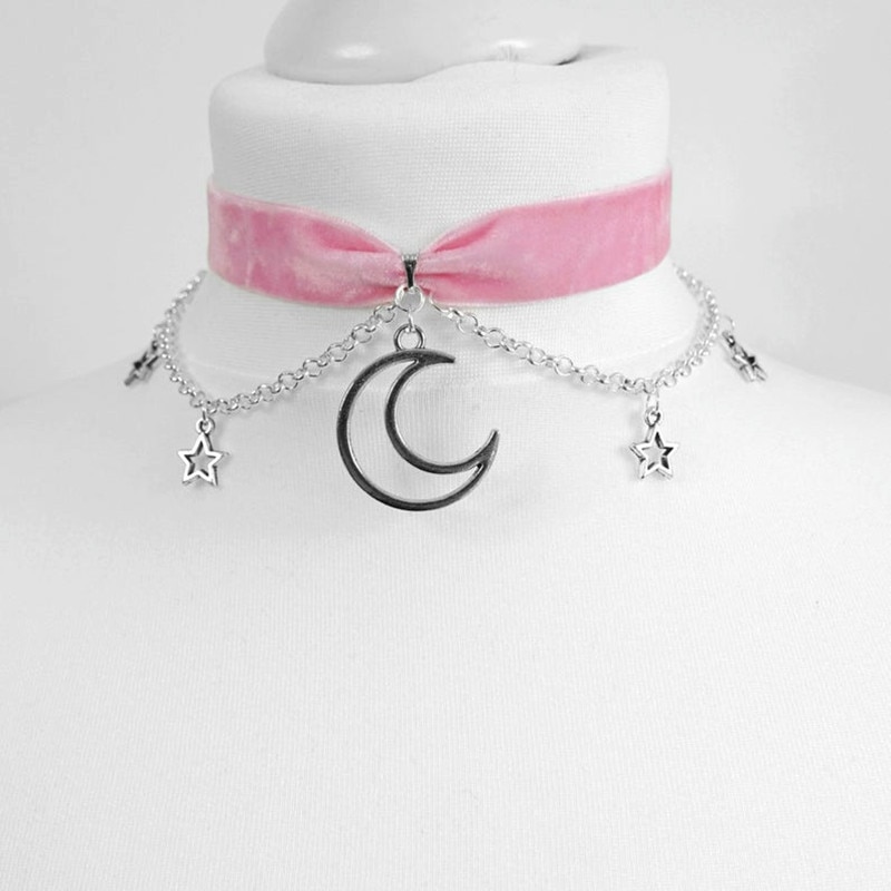 Black Crescent Moon Choker Necklace Gothic Grunge Black Velvet Jewelry Gorgeous Women Pendant Gift Gothic Statement Goth New. 