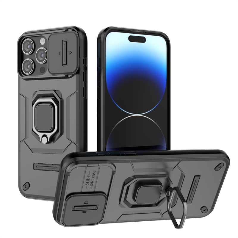 For iPhone 15 Pro Max Case with Slide Camera Cover Built in 360° Rotate Ring Stand Kickstand Full-Body Rugged Shockproof Protective Phone Cover