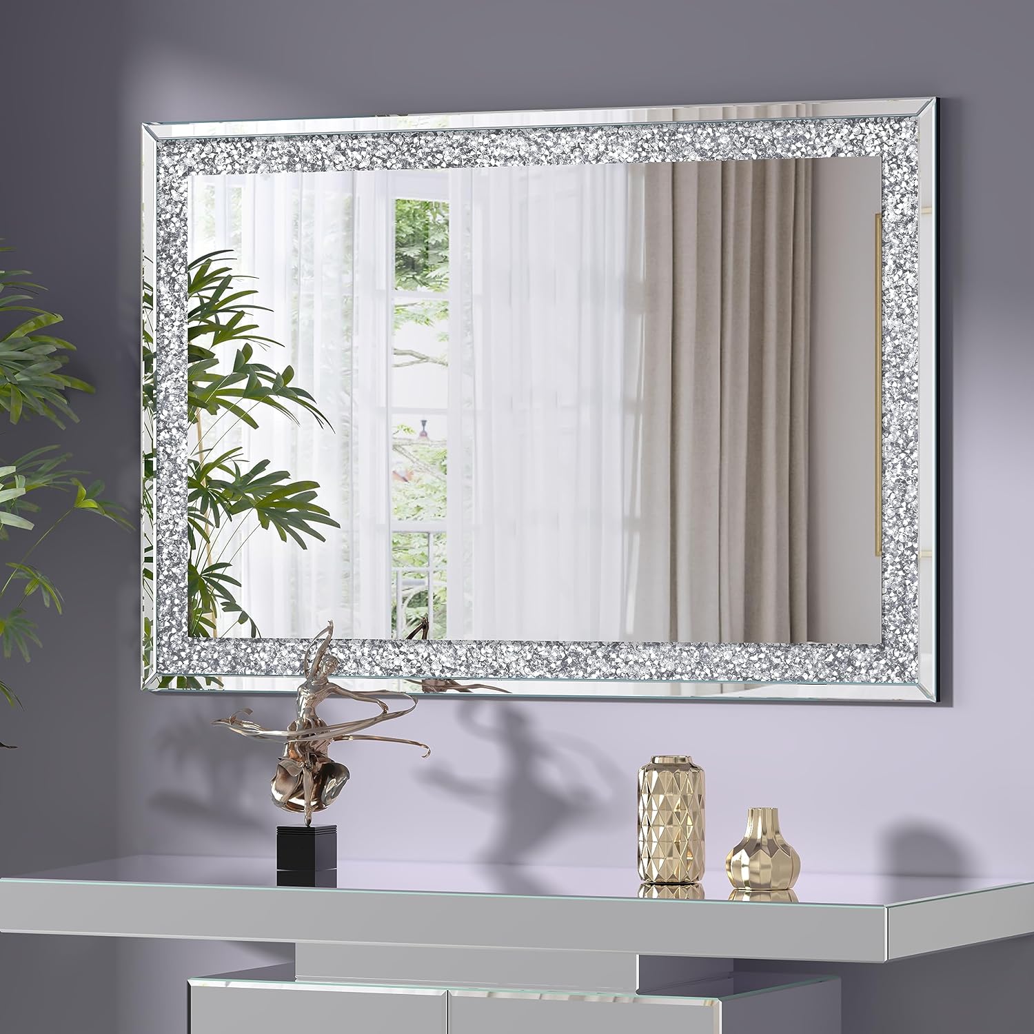 Full Length Mirror- 65 x 21.6 Crystal Crush Diamond Floor Mirror with Standing Silver Large Full Body Mirror. 