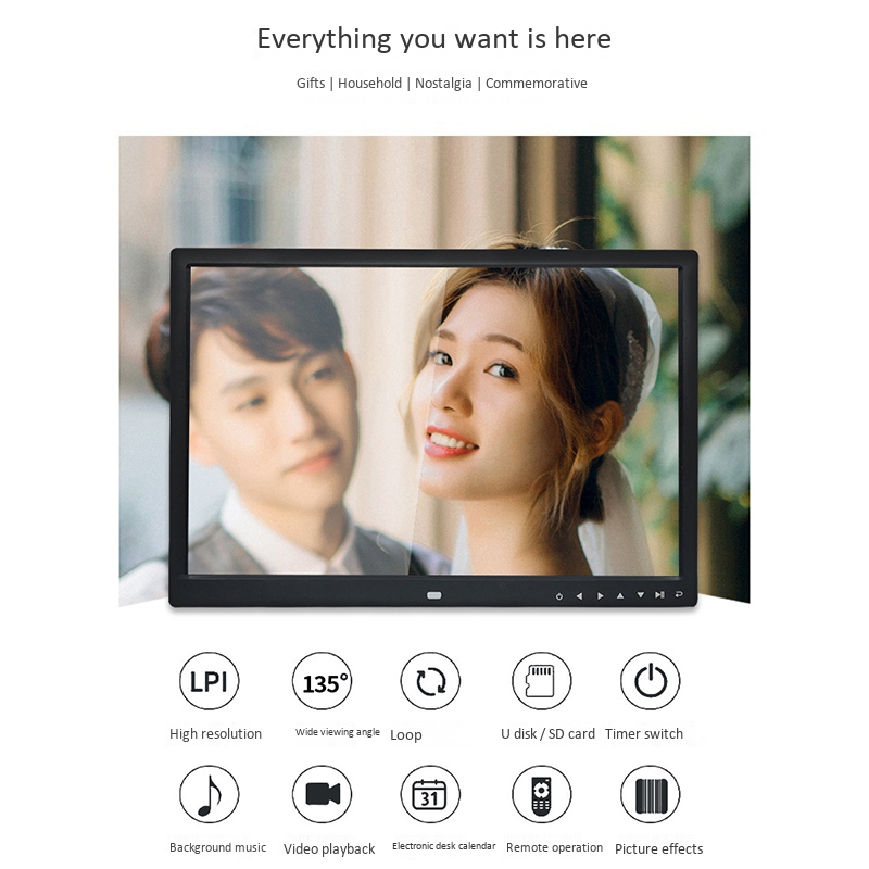 12 Inch Digital Picture Frame Multi-Function HD 1280X800 with Press Button Electronic Photo Album US Plug. 