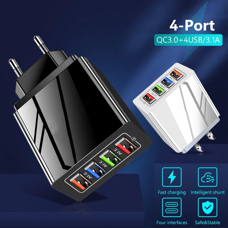 Quick Charge 4.0 4 Port EU US Fast Charger For Samsung S24 S23 S22 Ultra S21 S20 FE S10 S9 S8 Plus Fast Charging Wall Charger