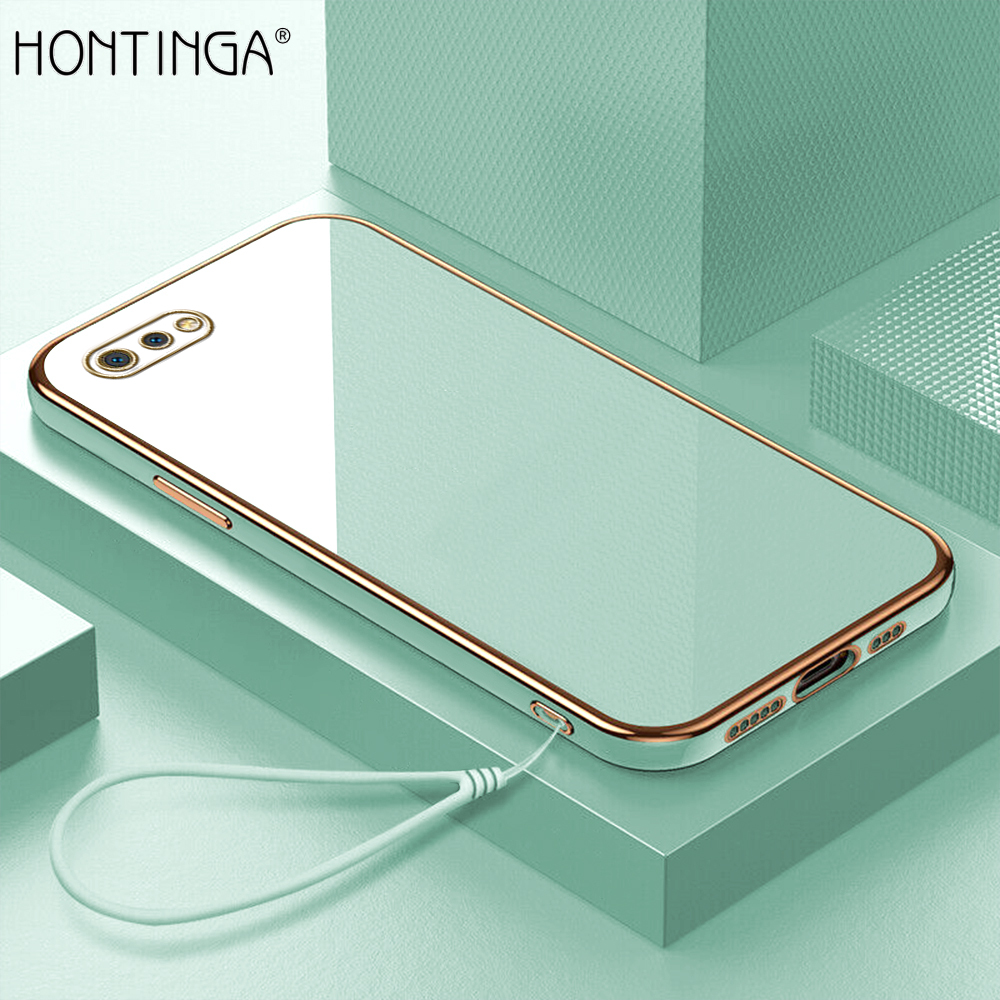 Hontinga for Realme C2 Back Cover + Free Lanyard Luxury 6D Plating Frame Shiny Bling Case Soft Silicone Square Phone Cases