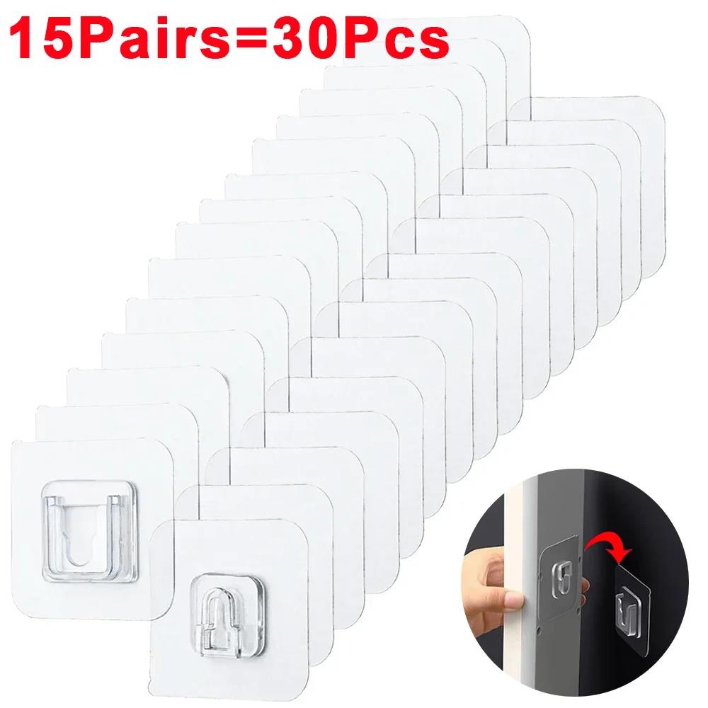 30/2Pcs Double Sided Adhesive Hooks Transparent Storage Hook for Bathroom Kitchen Office Plug Socket Suction Cup Wall Holders