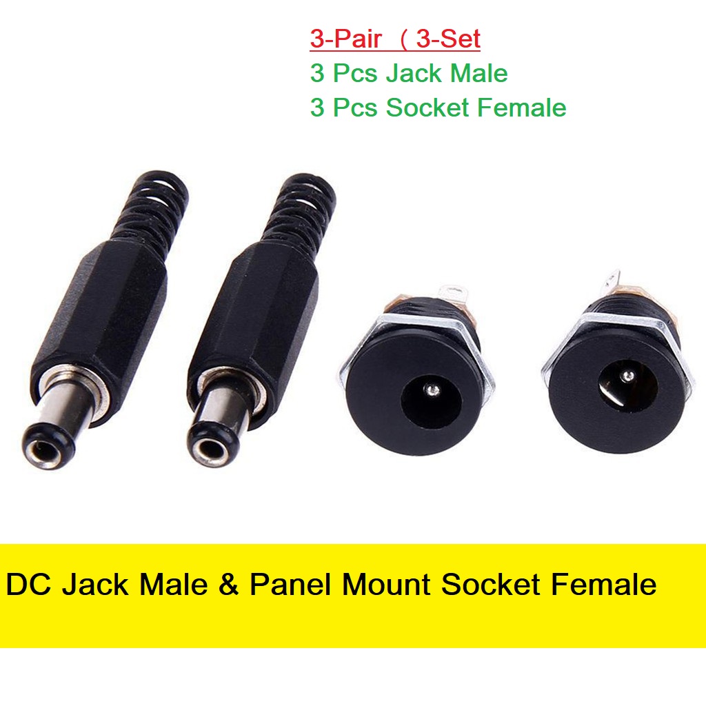 3Pair- 5V 12V 24V DC Jack Male & Panel Mount Socket Female DC Power Jack 2.1mm Plug Socket Power Supply For Led Strip CCTV Security Camera Cables Barrel Adapters. 