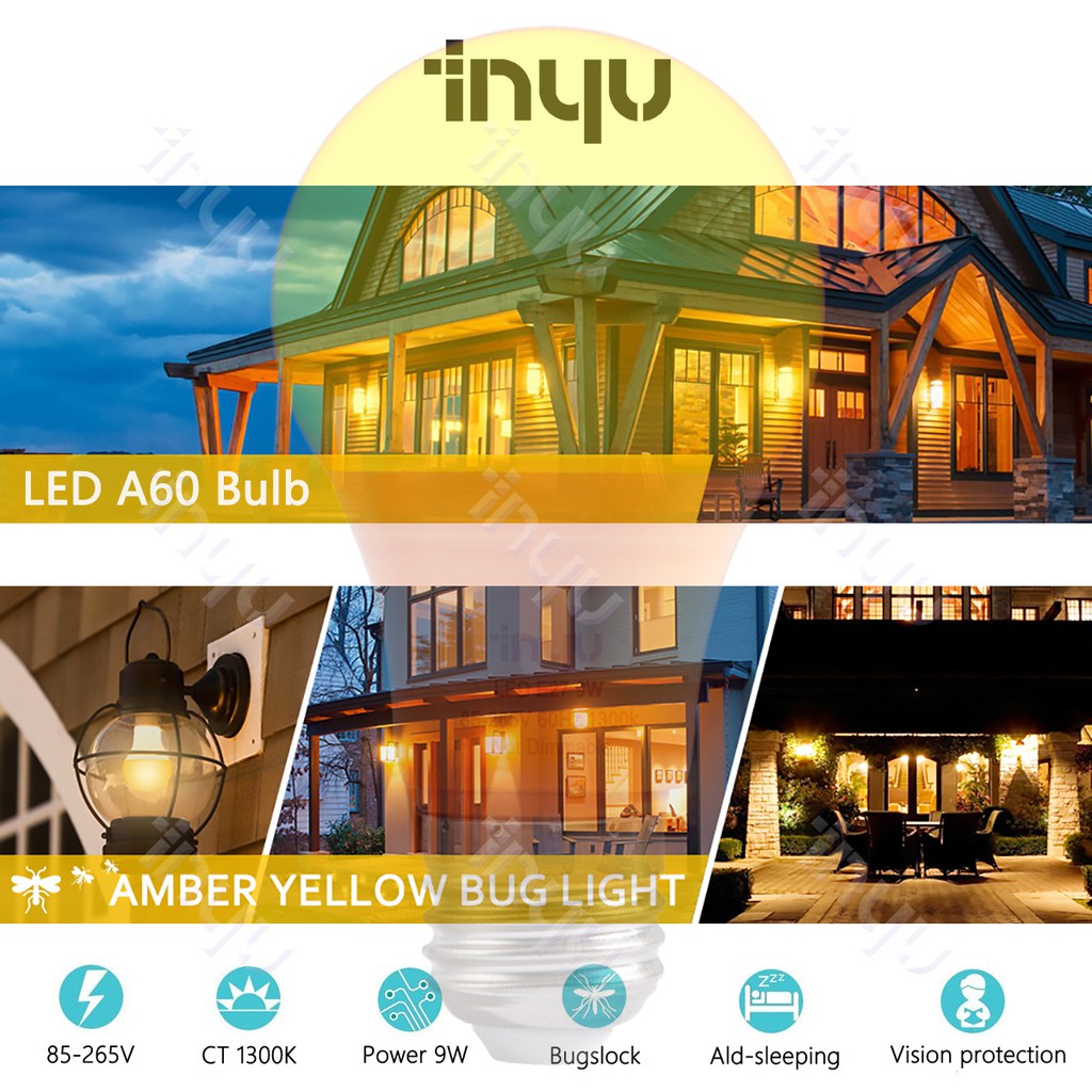 Bug Light Bulb Yellow LED Bulbs, Outdoor Porch Lights, Amber Bedroom Night Light Bulb A60 Bugs LED Bulbs, Warm LEDs Hallway Lighting Decorative Lamps,40W Equivalent E27 Edison Bulb(9W). 