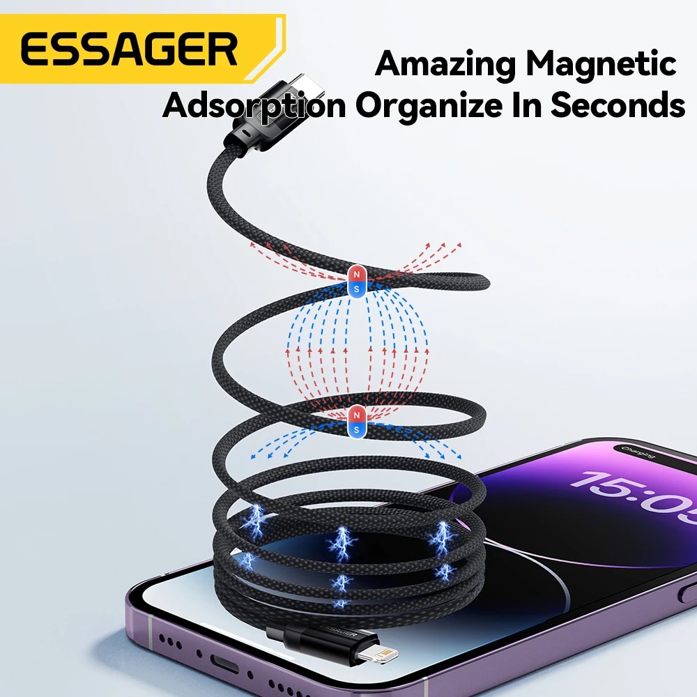 Essager 29W Magnetic Cable USB C to Lightning 3A Fast Charging Tangle-Free Magnetic Charger Cord for Airpod iPhone 14 13 12 pro. 