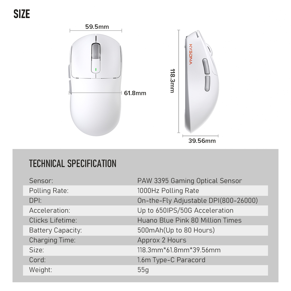 Kysona M600 PAW3395 White Wireless Gaming Esports Mouse 55g 26000DPI 6 Buttons Optical PAM3395 Computer Mice For Laptop PC. 