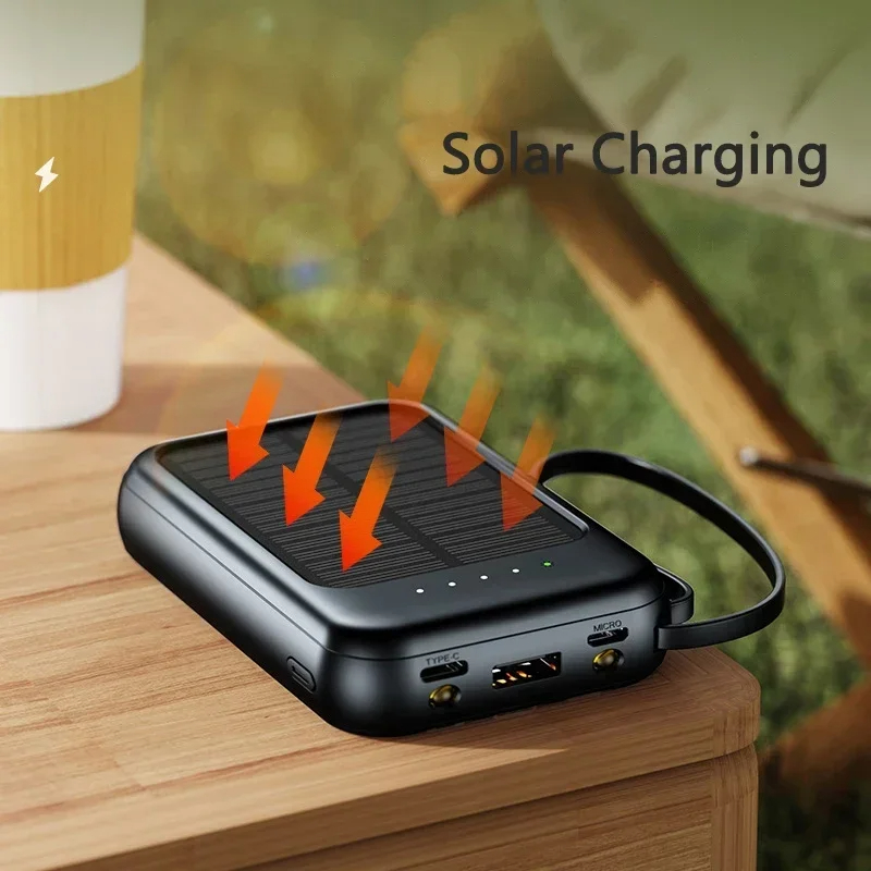 50000mAh Solar Move Power Bank with Built-in 4-cables With Lanyard Portable Mini Super Fast Charging Suitable For iPhone Samsung. 
