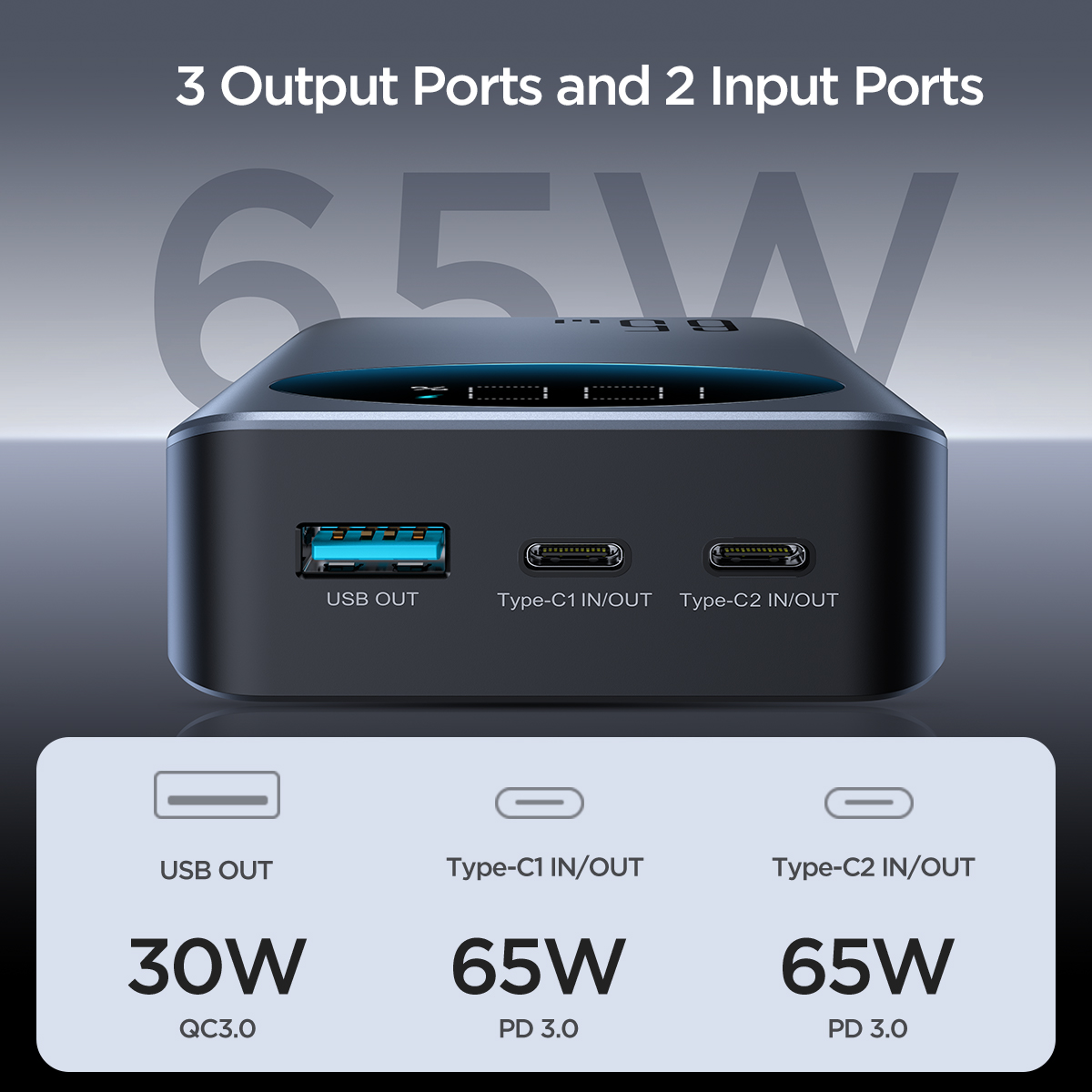 Joyroom JR-PBF05 65W Digital Display Fast Charging Power Bank 30000mAh -Black. 