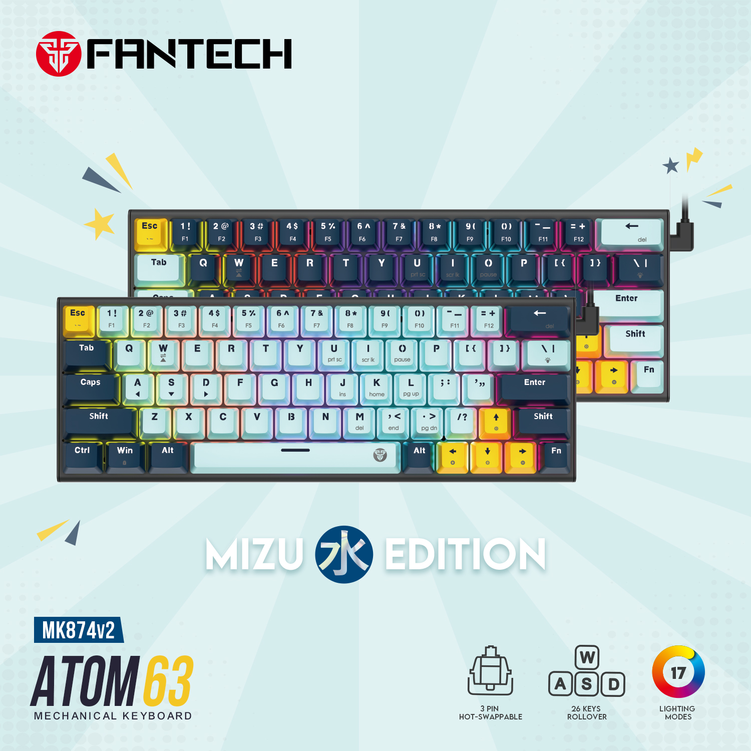 FANTECH ATOM63 MK874 V2 MECHANICAL GAMING KEYBOARD- MIZU SERIES Sky Blue And Navy Blue - Switch Blue-Red. 