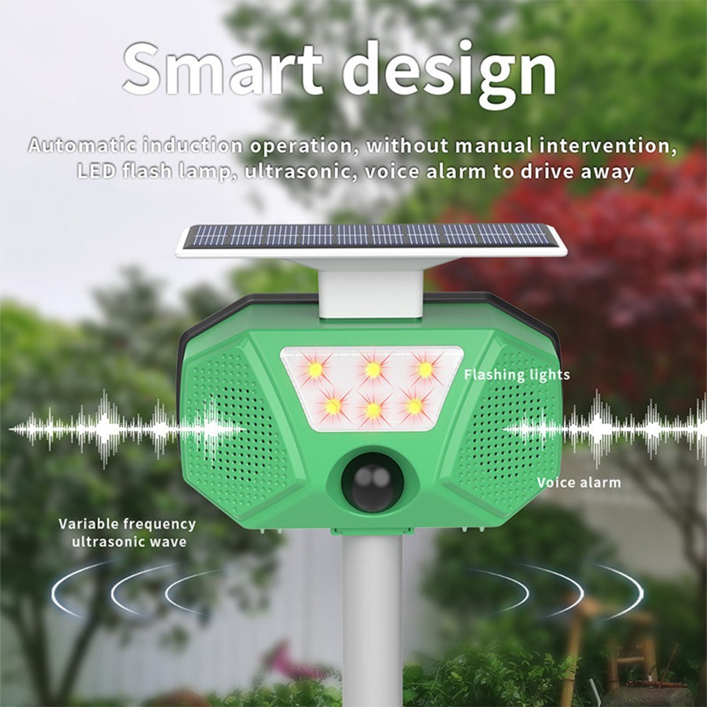 Solar Mole Repellent Ultrasonic Outdoor Pest Bird Squirrel Animal Repeller IP66 Waterproof 110° PIR Sensor Auto Motion Detection with Flash LEDs Voice Alarm Detachable Rod. 