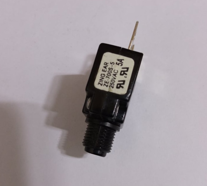 Thermal Circuit Breaker AC 250V 5A Zing Ear ZE-700S-5A Push Button Manual Reset Circuit Breaker With Quick Connect Terminals. 