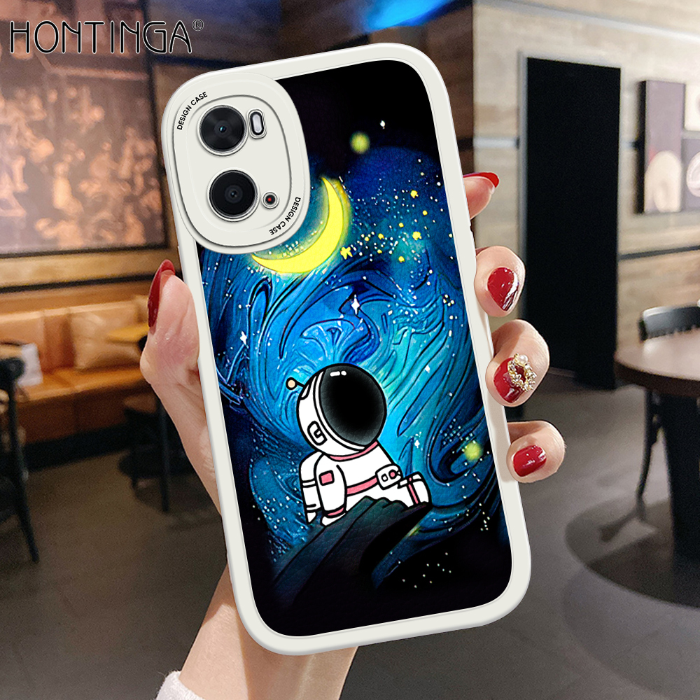 Hontinga for OPPO A76 A36 Back Cover PU Leather Moon Astronaut Case Soft Silicone Edge Phone Cases