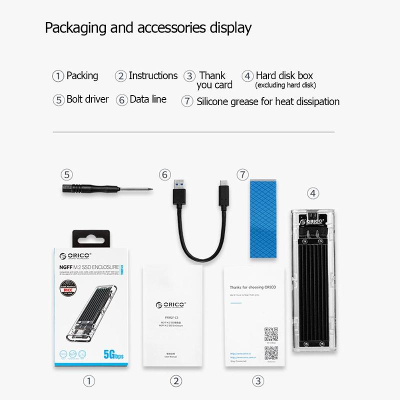 ORICO TCM2F-C3 M2 SSD Case NGFF M.2 to USB3.1 Type C 5Gbps Transparent Hard Drive Enclosure For m.2 NGFF SATA B Key SSD Disk Box. 