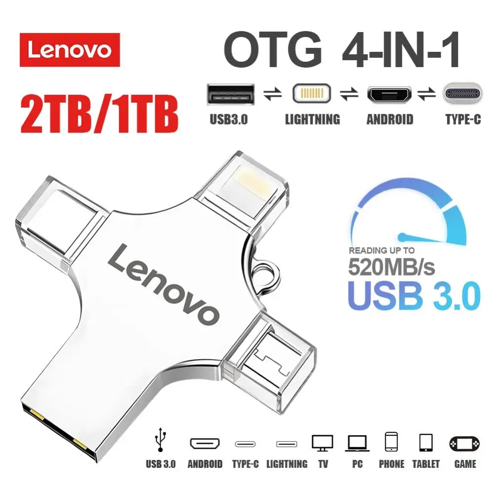 Lenovo OTG Pen Drive 2TB Pendrive Type C USB Flash Drives 4 In 1 Mobile Phone Memory Stick Usb Key 3.0 High Speed Usb Key Type C. 