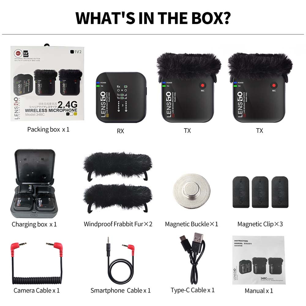 Lensgo348c Compact Digital Wireless Lapel Microphone System/Recorder With Extra Recording Button With Built in Magnet Clip (2.4 GHz, Black) Camera & SmartPhone. 