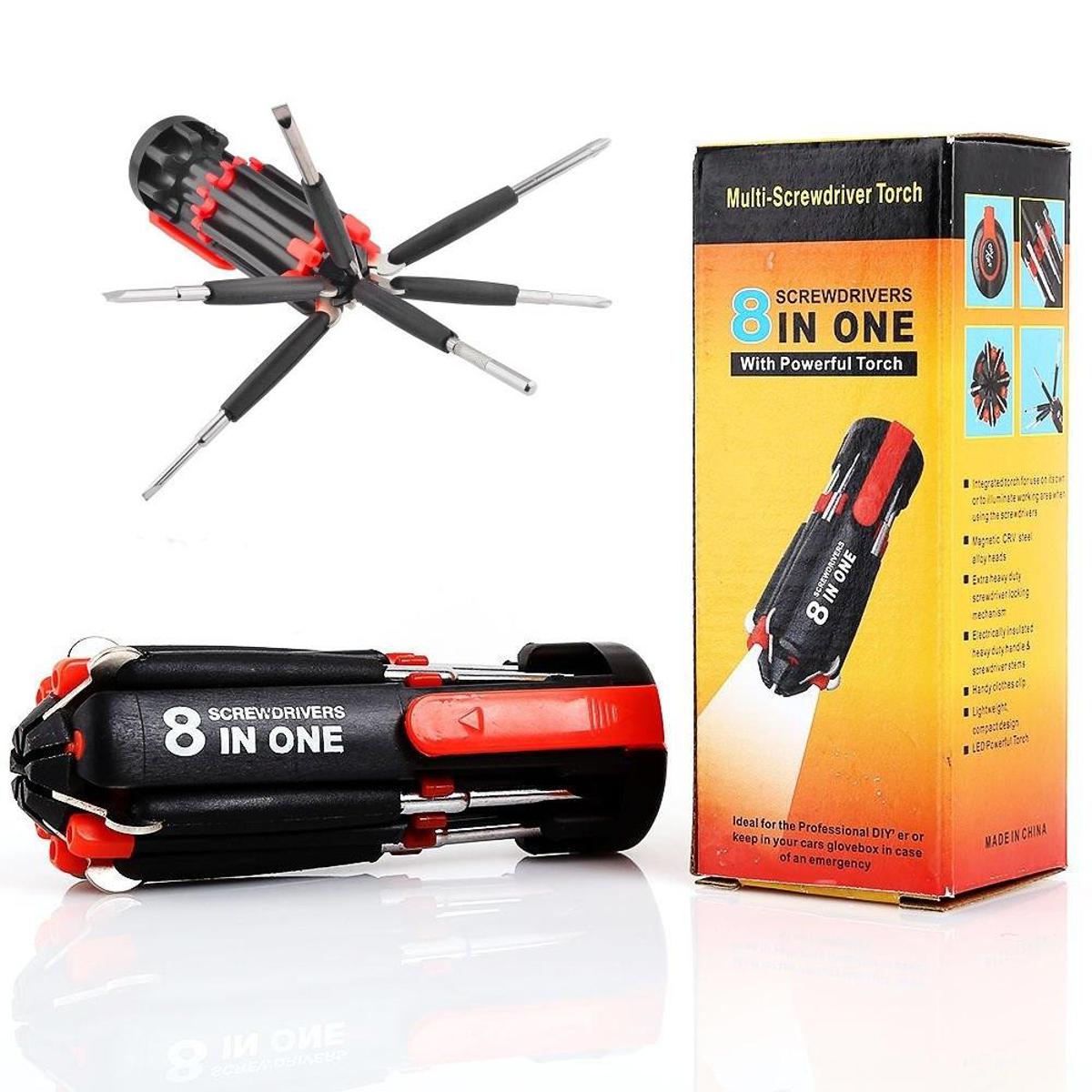 8-in-1 Multi Portable Screwdriver with LED Torch Tools Light Up Flash-light Set