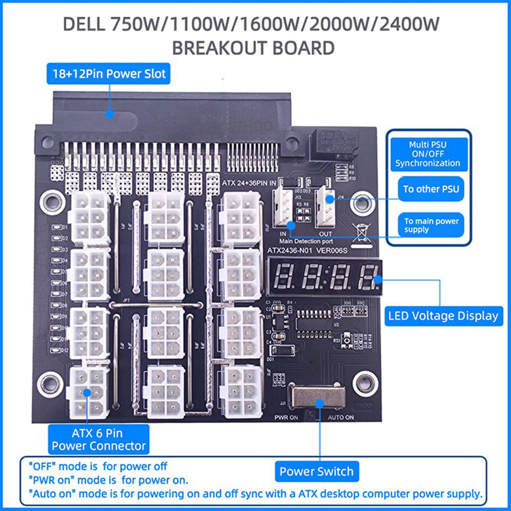 2X Mining Breakout Board 12Port 6Pin Power Supply Module Board with LED 4Pin Cable PSU Server 750W 1100W 1600W. 