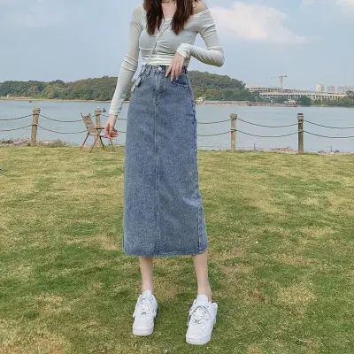 Mid length denim skirts green sale