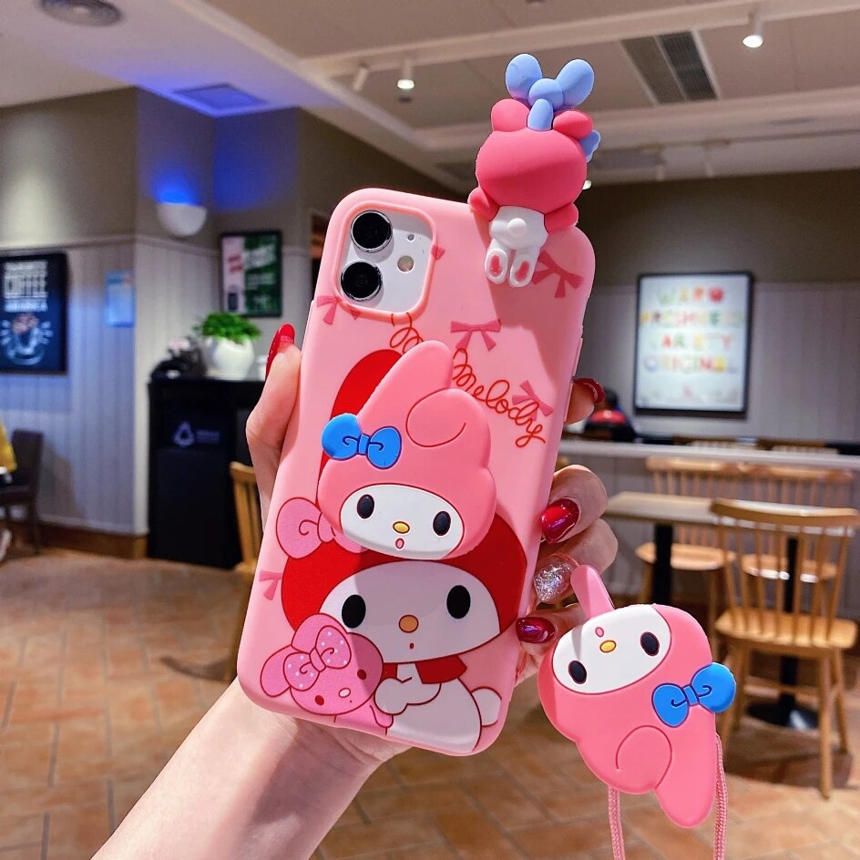 My Melody Hello Kitty For iPhone 6 6s 7 8 X Xs Max XR 11 12 13 14 15 Pro SE Max Case TPU Soft Phone Case With Holder Strap Rope. 