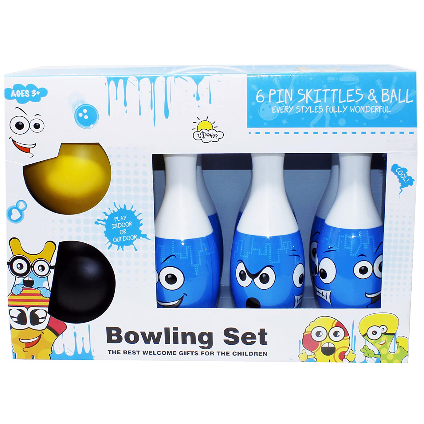 Bowling Set Toy with Emoji drawing for Kids ( Bowling Game Set 6 Bottles & 2 Balls ). 