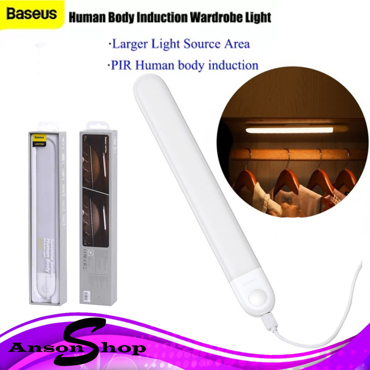 Baseus Sunshine Series Human Body Induction Wardrobe Light PIR Motion Sensor Light USB Rechargeable Night Light