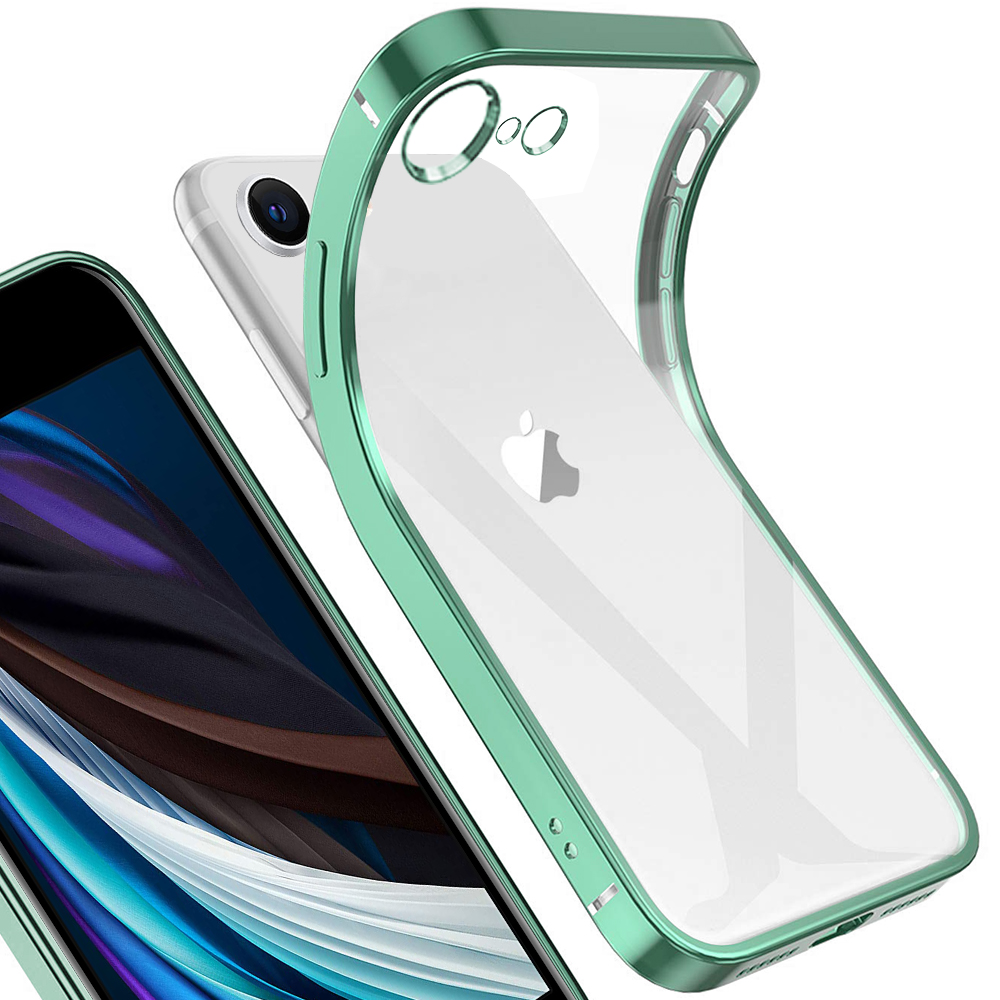 For Apple iPhone SE 2020 Lightweight Transparent Crystal Soft Gel TPU Square Plating Bumper Protective Case Cover. 