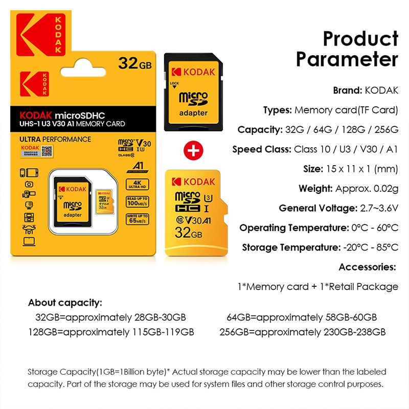 KODAK 64G Ultra Memory Card 64GB A1 U3 4K Micro SD SDHC Microsd UHS-I C10 TF Performance Flash Original Minisd with Adapter. 