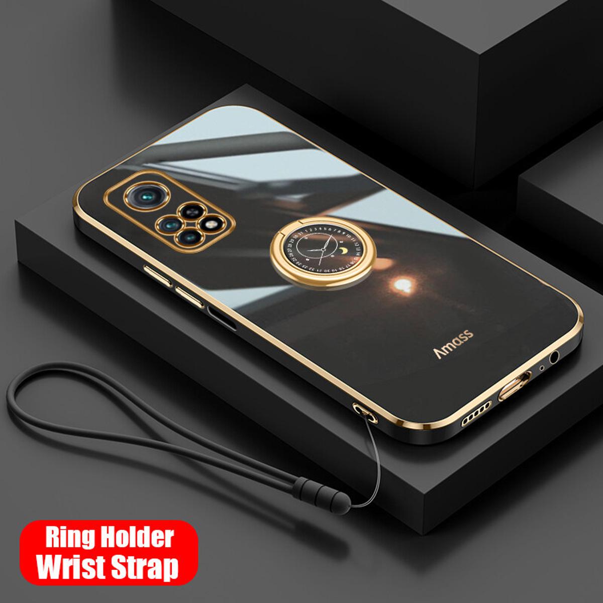 For Xiaomi Mi 10T / 10T Pro Back Cover with Ring Holder Stand + Wrist Strap Shiny Plating Square Bumper Protective Case Soft Silicone Shockproof Mobile Phone Cases