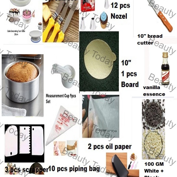 14CC Big Combo Turn table Deco Nozel set 3 Butter planer Measurement cup 9 pcs 3 scrapper set 10 pcs piping bag 7 Inches Alu round 10incehs 1 cake round board 2 pcs oil paper 10 Inches bread cutter vanilla essence white and black chips 100 gm cake slicer
