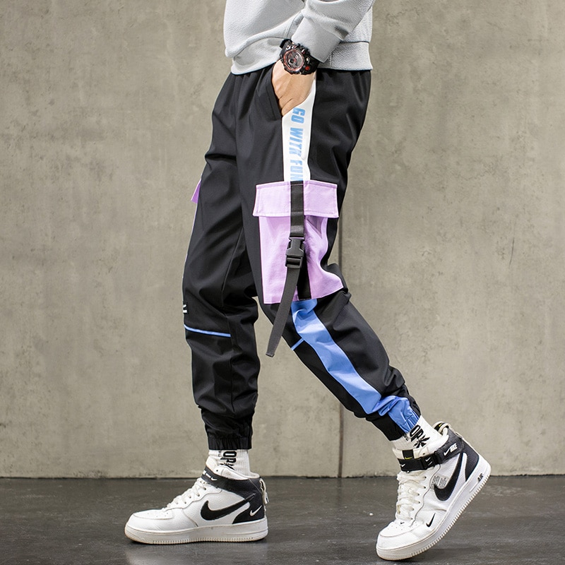 Men Streetwear Cargo Pants Overalls Mens Baggy Hip Hop Joggers Pants  Pockets Harem Pants Purple Sweatpants Korean