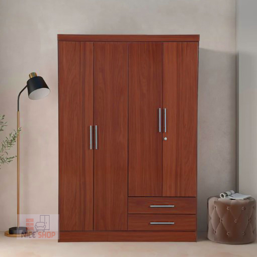 Glossy Cherry Secure 4-Door Wardrobe Partex MDF Laminated Board Almirah with 2 Large drawer and Clothe storage hanger shelf, 4 part Almira with Clothes storage shelve and drawer by Nice Shop,  4 doors wardrobes Almirah 72/48. 