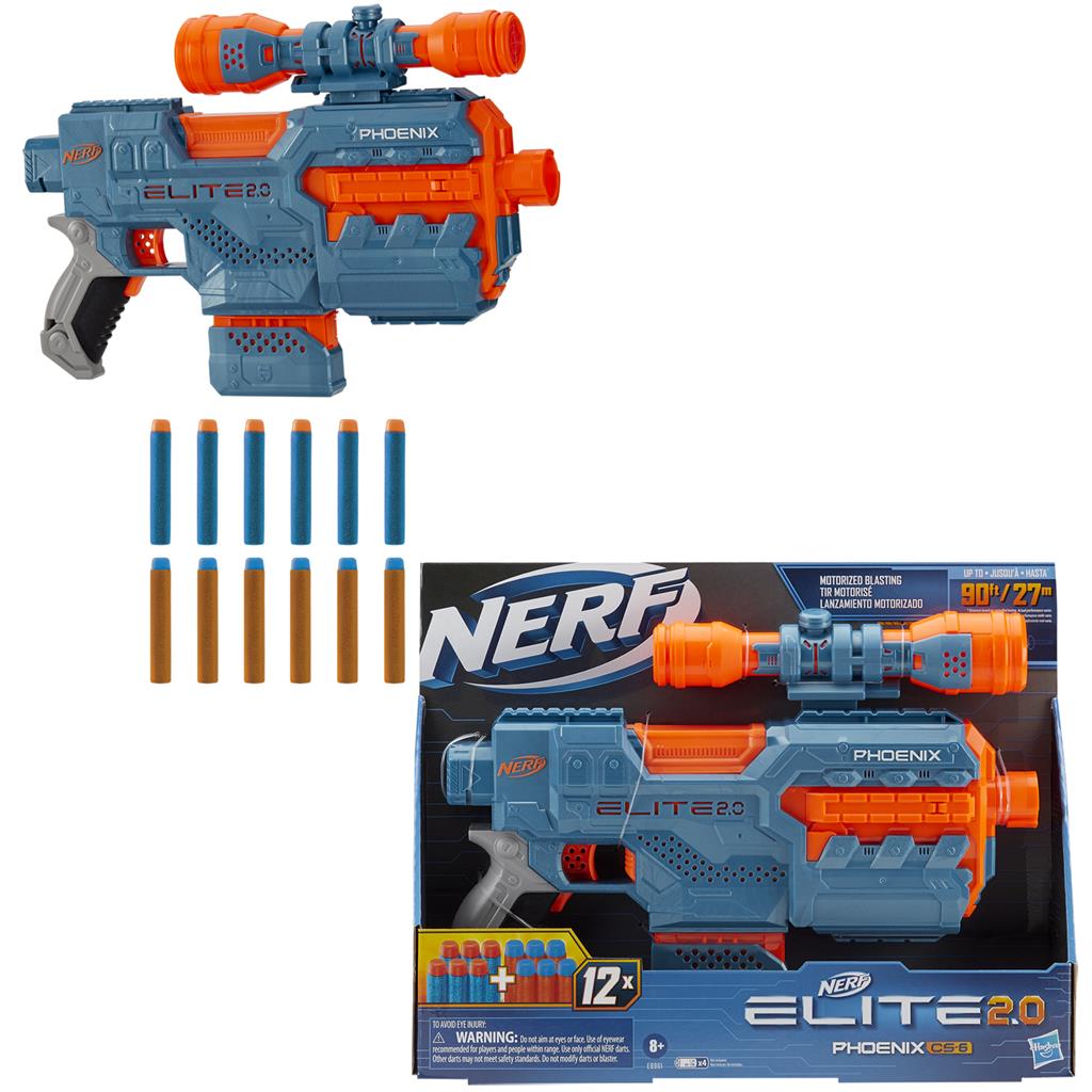 NERF Elite 2.0 Phoenix CS-6 Motorized Blaster, 12 Official Darts, 6-Dart Clip, Scope, Tactical Rails, Barrel and Stock Attachment Points. 
