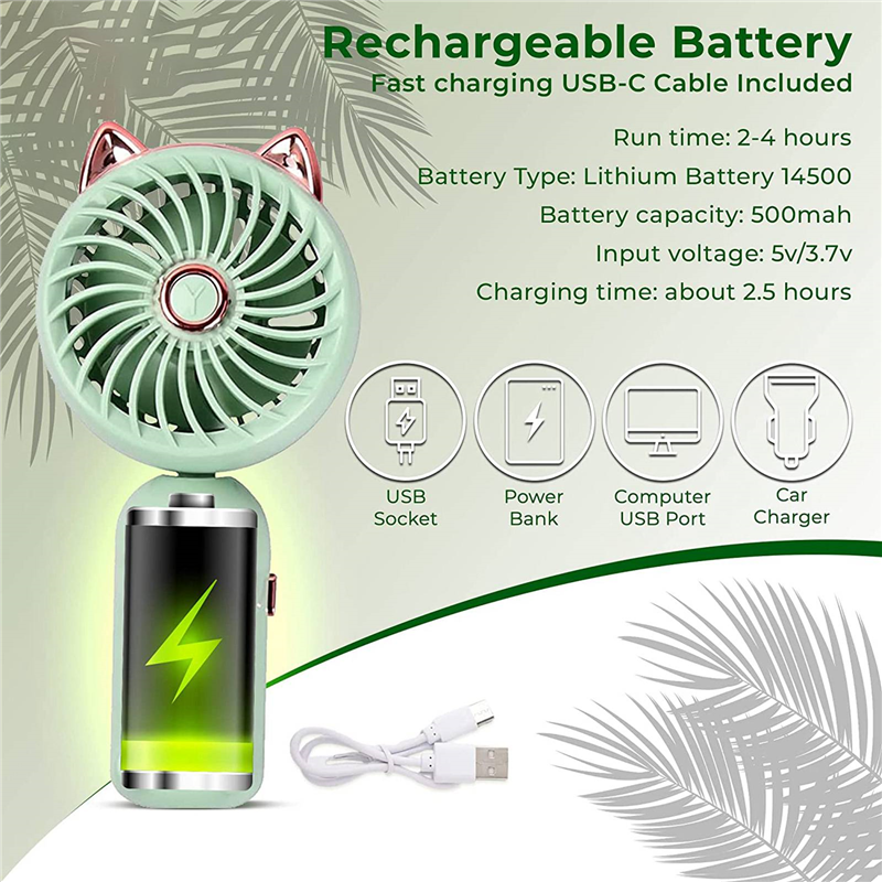 1 PCS Portable Hand Held Fan Mini Fan Foldable Small Fan with Cat Ears with USB Rechargeable Battery (Green). 