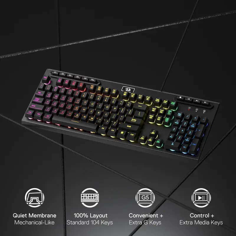 Redragon K513 RGB Membrane Gaming Keyboard, Standard 104 Keys Linear Wired Mechanical-Feel Keyboard. 