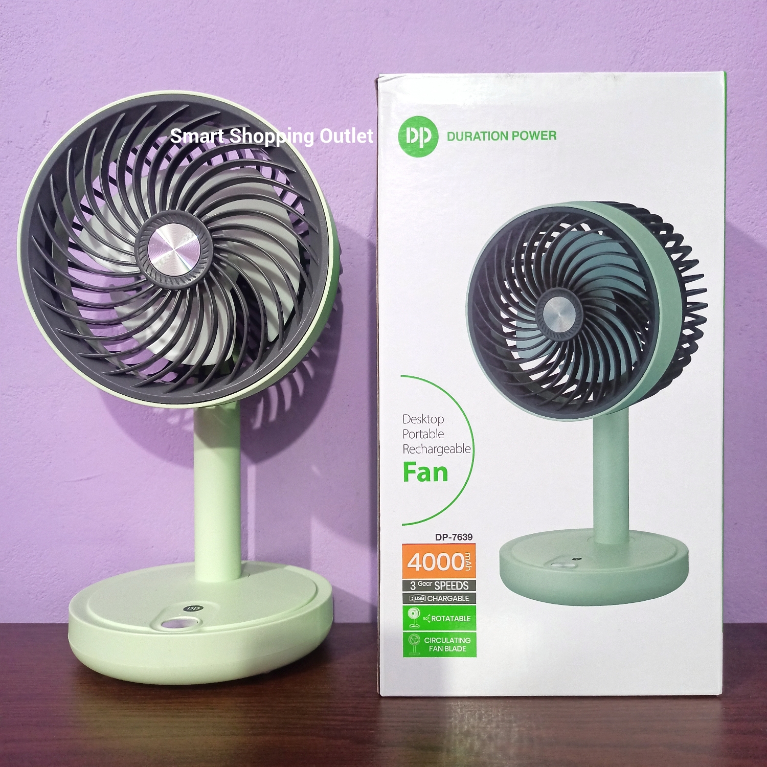 DURATION POWER DP-7639 Rechargeable 4000mAh Battery Three Speed Modes Up-Down Adjustable Desk Fan. 