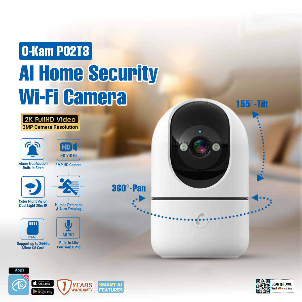 OKAM PRO P02T3 WIFI IP Camera 1080P HD Video 3MP Pan-Tilt 360 Degree Rotation Color Night Vision Two-Way Audio Motion Detection Smart Dual Light Built in Alarm. 