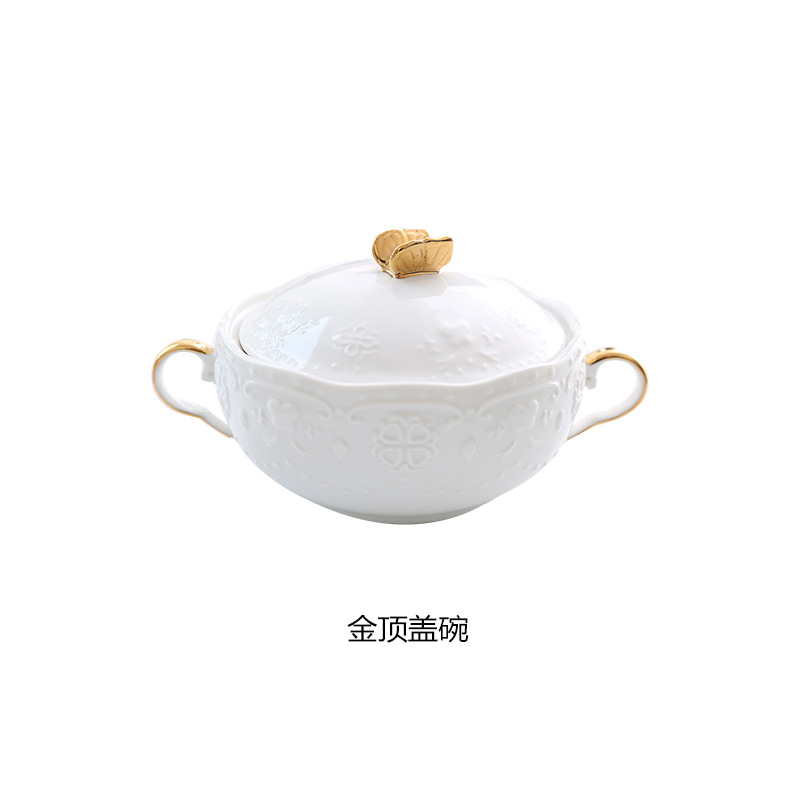 Ceramic Cubilose Bowl Dessert Bowl Double Ears with Lid Slow Cooker Tremella, a Kind of Semi-Transparent White Fungus Soup Bowl Exquisite Tureen European Porringer Tableware Zeng Wan. 