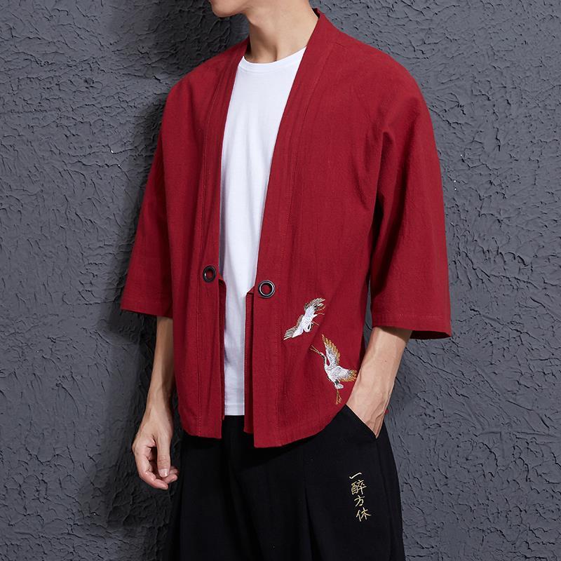 Robe Men's Style Outer Coat Suit Linen Cotton and Linen Embroidered Crane Japanese Japanese Style Kimono and Japanese Style Ukiyo-E Fashion. 