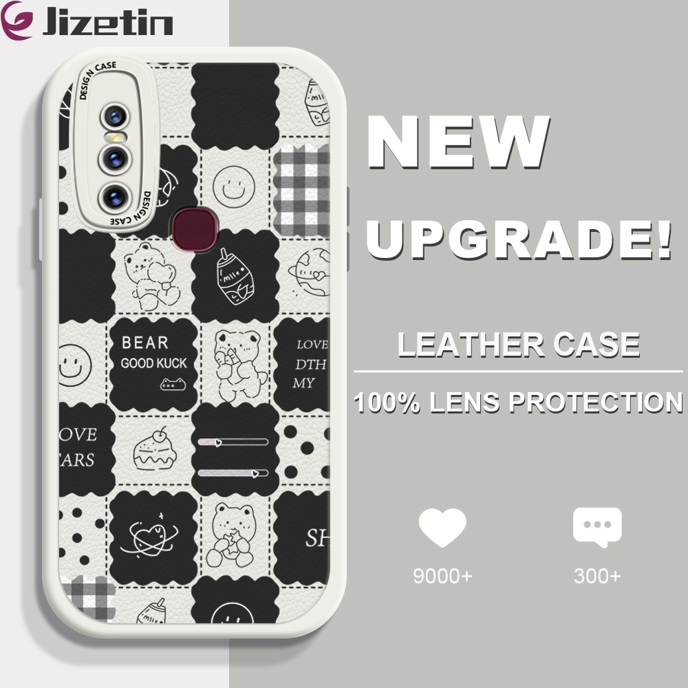 Jizetin for Vivo V15 Back Cover Bear Daily Activity Lambskin Texture PU Leather Back For Girls Boys Soft Phone Case
