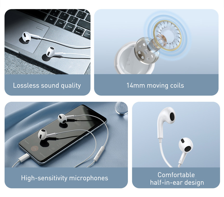 BASEUS Encok Type-C Wired Earphone - C17 Model - White - High-Quality Sound. 