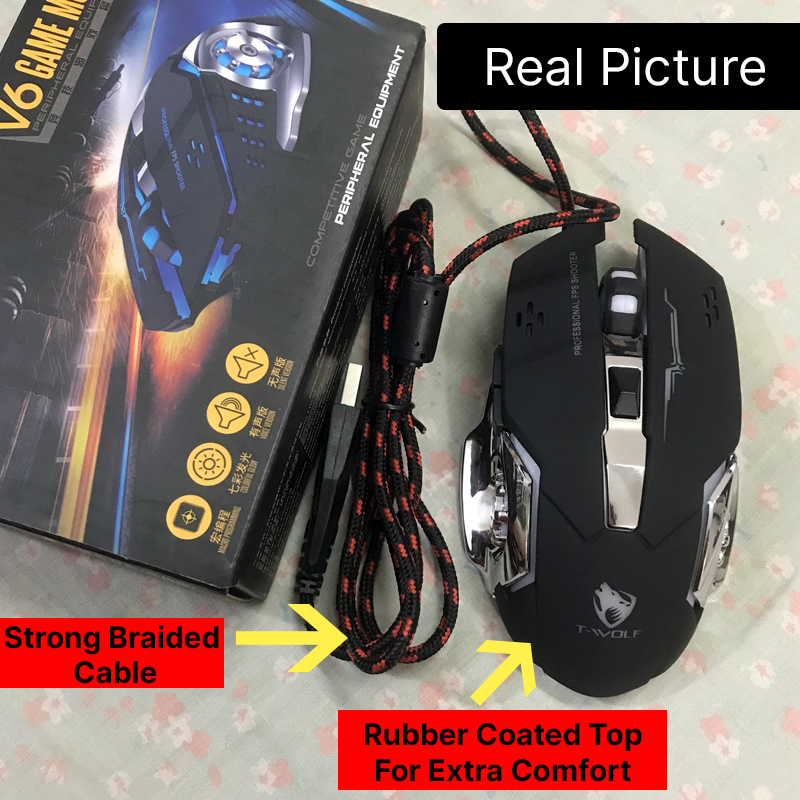 Gaming Mouse With Lighting TWolf V6 illuminated Wired Mouse For Gaming PC Laptop Computer Desktop Black RGB Mouse For Gamers 6 Button Mouse With DPI. 