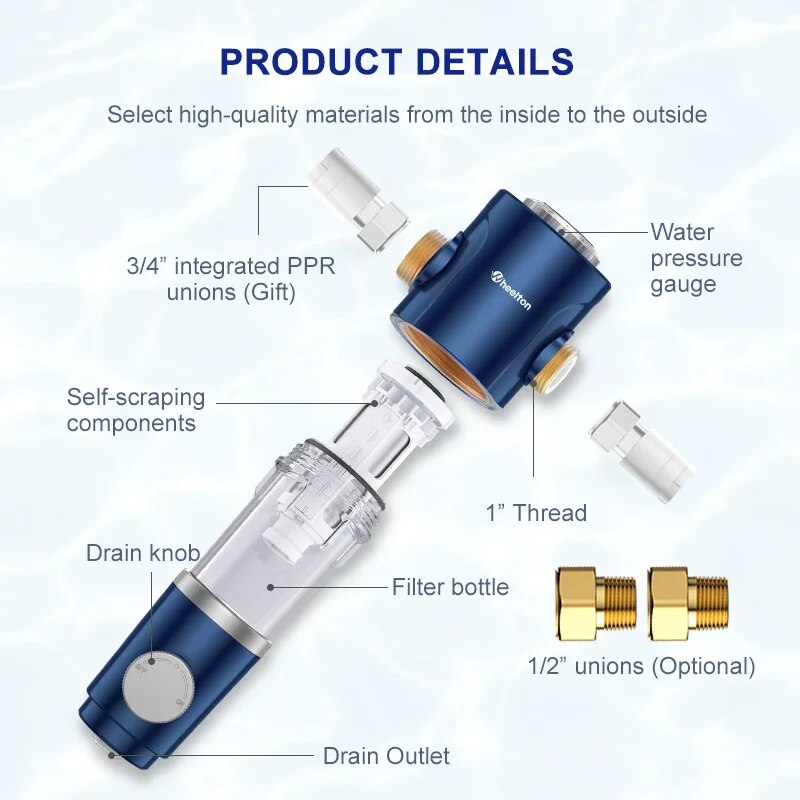 WHEELTON Auto-Rotated Flush Pre-Filter Backwash Spin Down Sediment Double-sided Scraper Whole House Filter System 1/2 3/4 1“. 