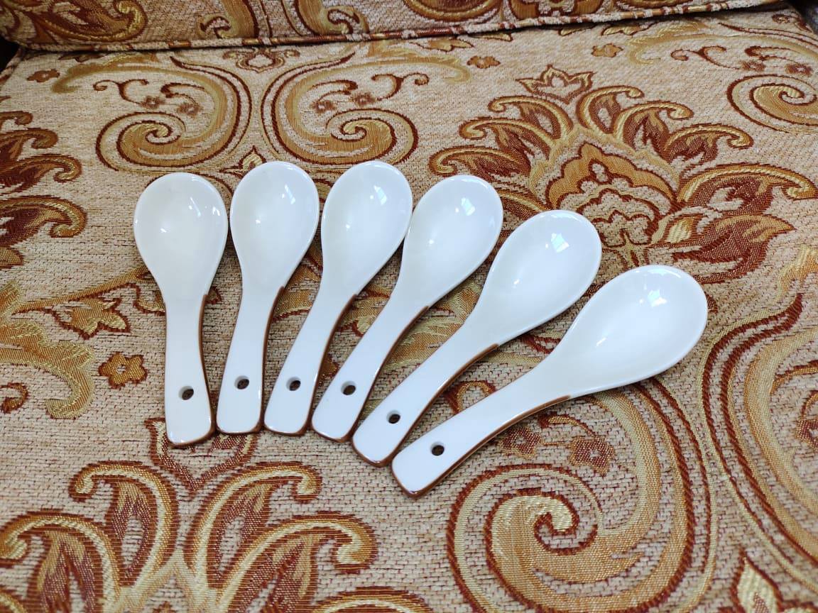 6-Pcs Ceramic Spoon Set White With Coffee Border, Gift And Home Decoration, Tea Spoon, Spoon, Soup Spoon.