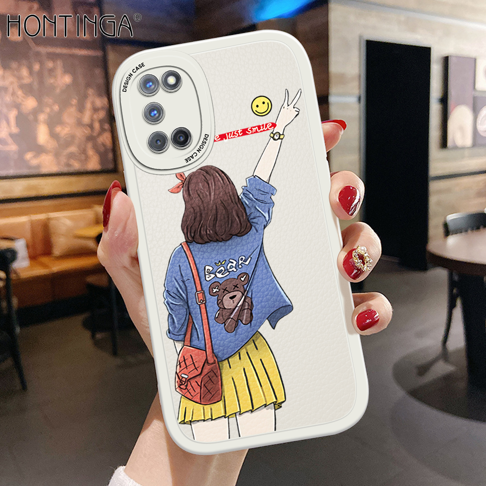 Hontinga for OPPO A92 A52 Back Cover PU Leather Cartoon Elegant Girl Case Soft Silicone Edge Phone Cases