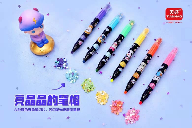 6 Different Color Star Shape Stamp Marker Pen with Star Shape Glitter. 