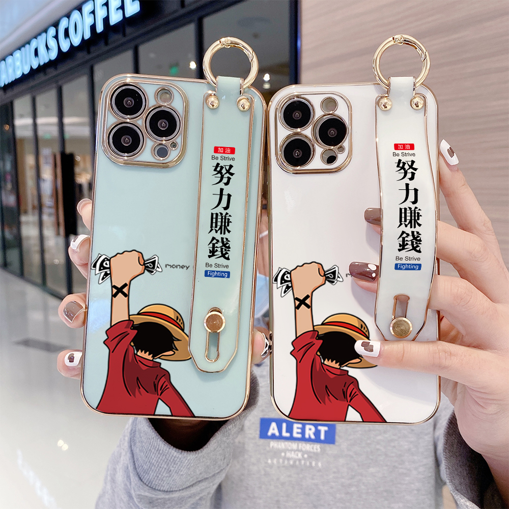 TA for iPhone 13 Pro Max Wrist Strap Back Cover Struggle Luffy Fashion Luxury 6D Plating Soft Casing Silicone Square Frame Phone Case. 