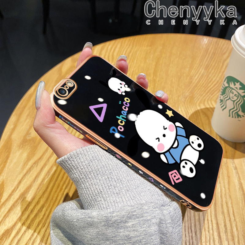 Chenyyka For iPhone 6 6s 6 Plus 6s Plus Case Cartoon Cute Pochacco New Square Edge Pattern Luxury Plating Phone Cases Silicone Soft Case Camera Lens Shockproof Protection Cover