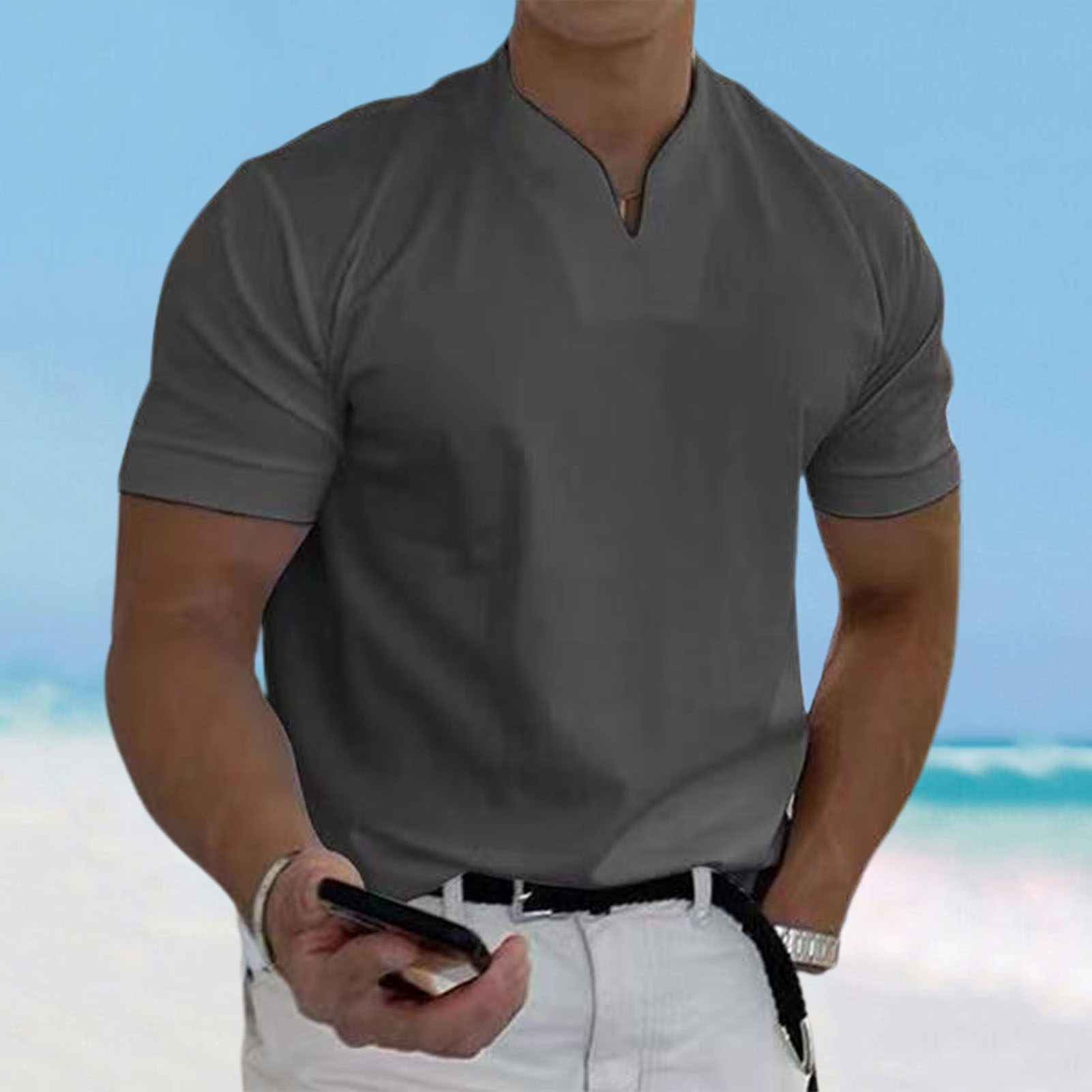 Men Top Solid Color Breathable Loose Men T-shirt. 